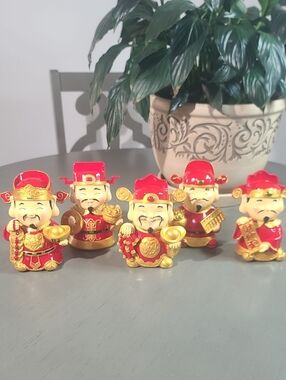 God Of Fortune Set Of 5 Red and Gold Lucky Figurine Set